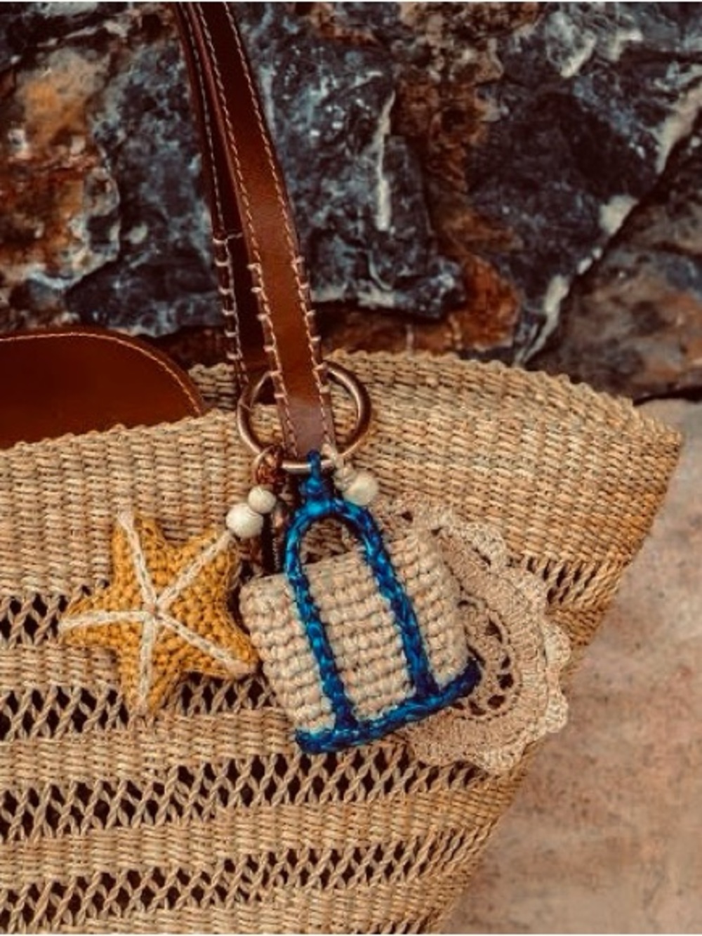 Vanessa Bruno Straw Tote Charm with Brown Leather Handles and Blue Accent